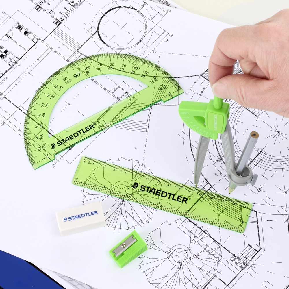 Student Math Set 6 PCS Compass Ruler Protractor Pencil Eraser Case