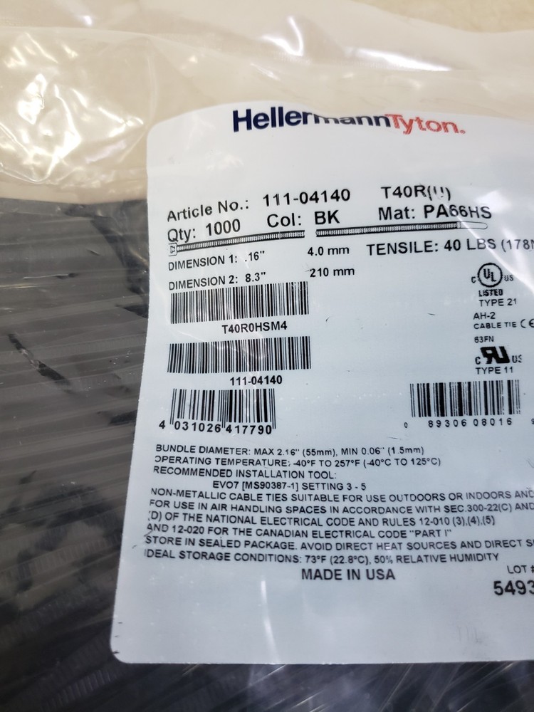 x1000 HellermannTyton Black Zip Ties 111-04140 T40R0HSM4