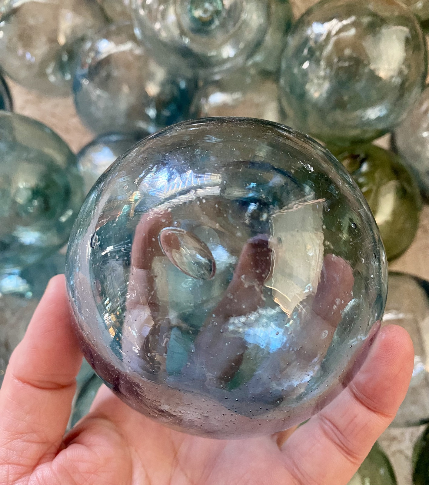 Vintage Japanese Glass Fishing Floats Set (Blue & Green) - 3"-3.5" 10 pcs