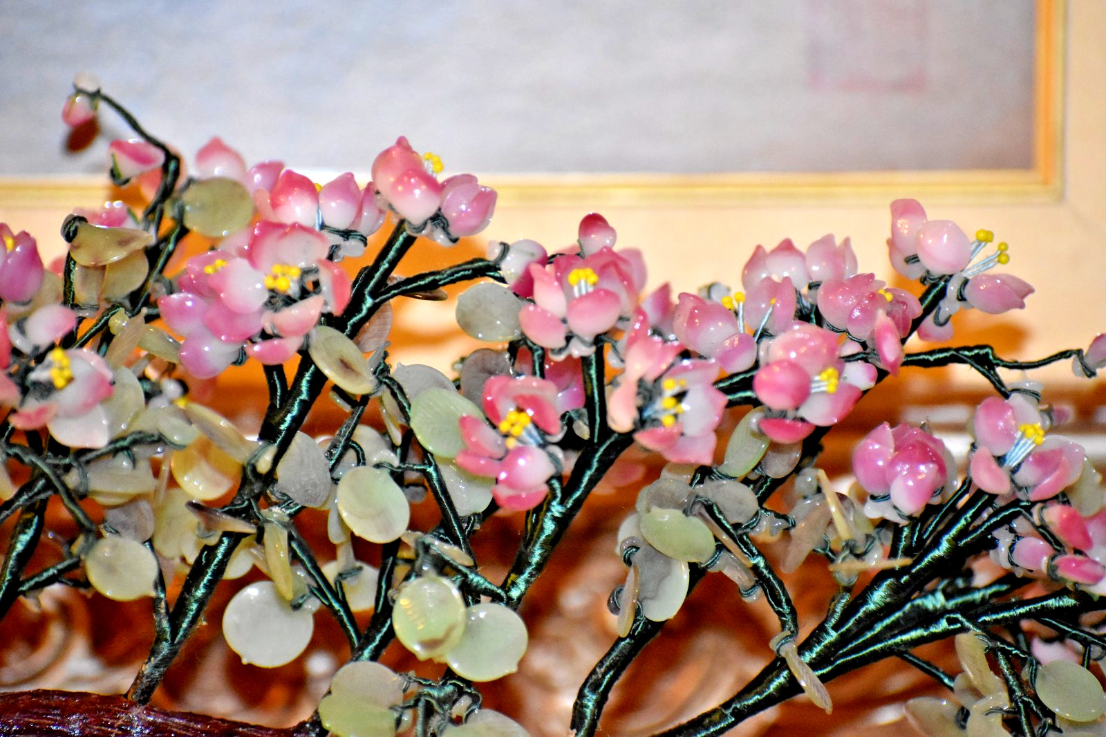 18" VINTAGE 1952 BONSAI PEKING GLASS TREE IN MID-CENTURY GREEN PLANTER W/ FROGS