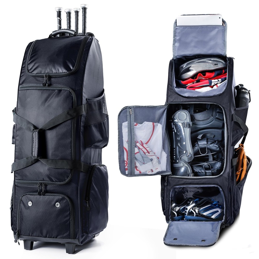 Upgraded Rolling Baseball Bag with Sturdy Hard Backing - Large Softball Bag with