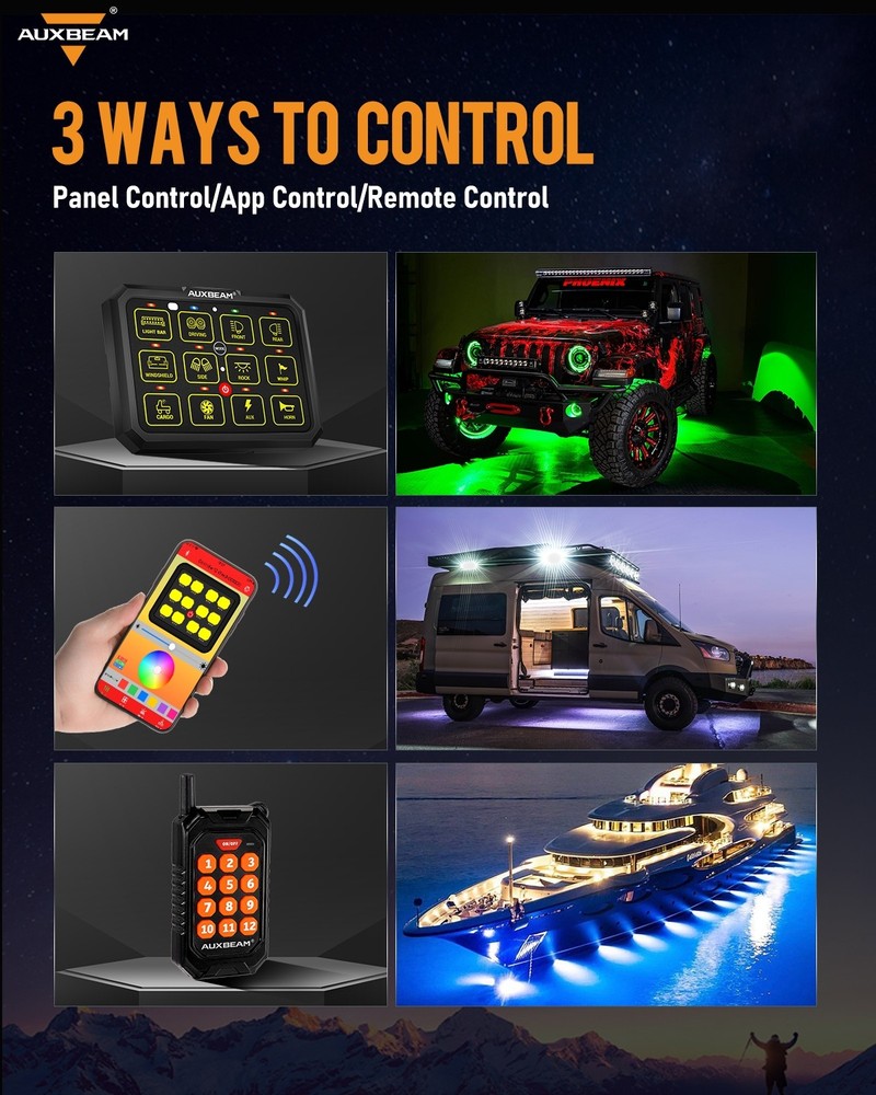 Auxbeam RGB 12 Gang Bluetooth Switch Panel Pod AC-1200 Wireless Remote Control