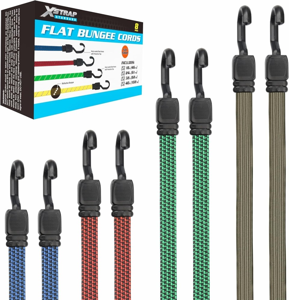 8-Pack Flat Bungee Cords with Hooks (18",24",32",40") - Elastic Stretch Strap...