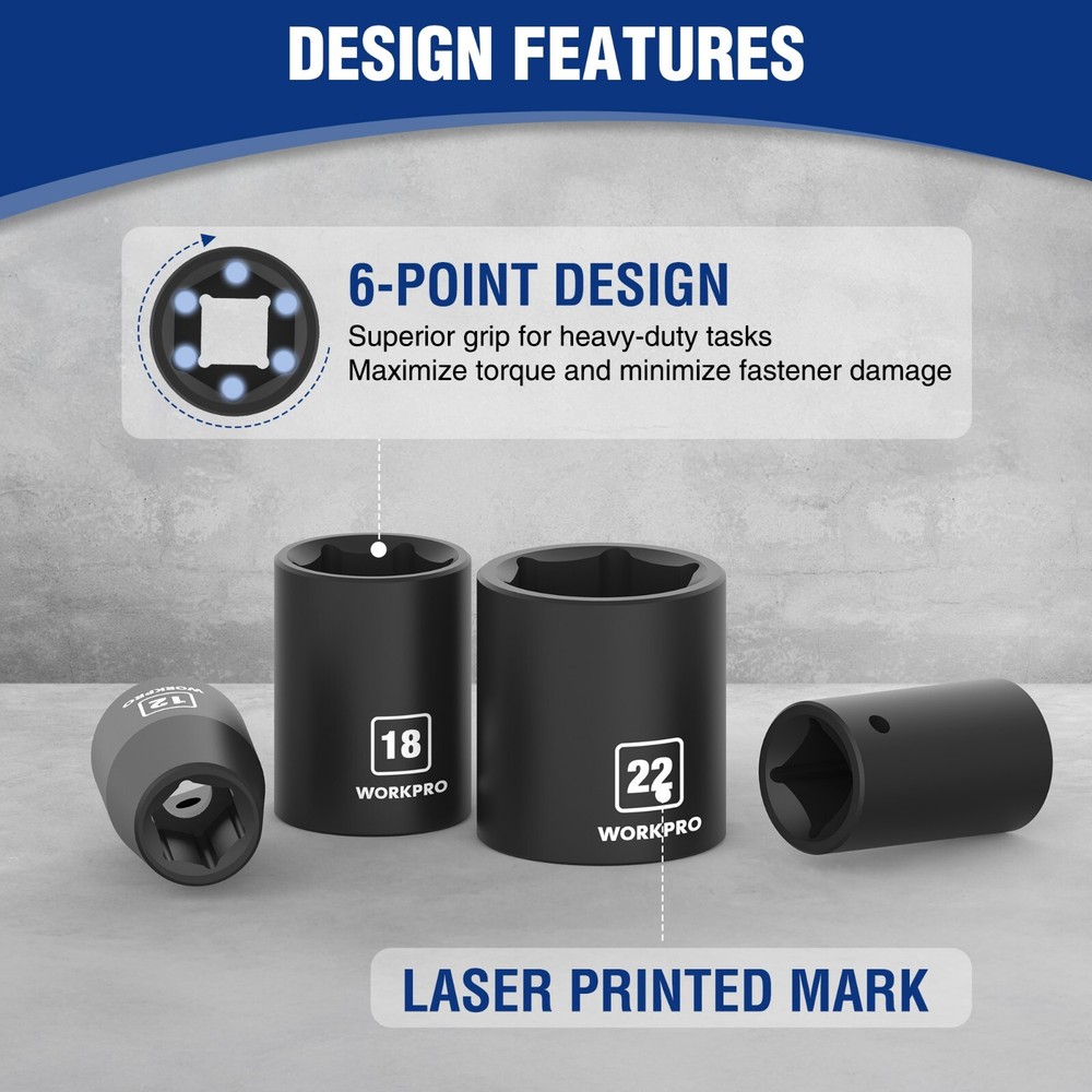 WORKPRO 1/2”Drive Shallow Impact Socket Set Metric Cr-V Steel 6-Point Socket Set