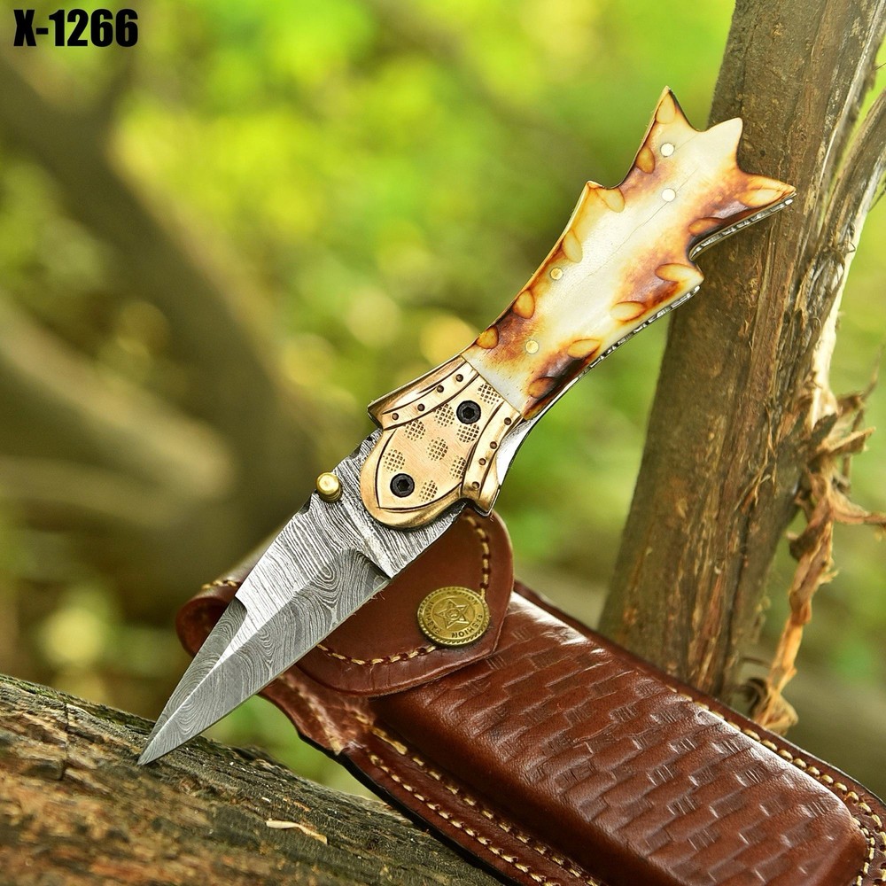 Damascus Folding Dagger Blade Pocket Knife Tactical-Original Burn Bone Handle