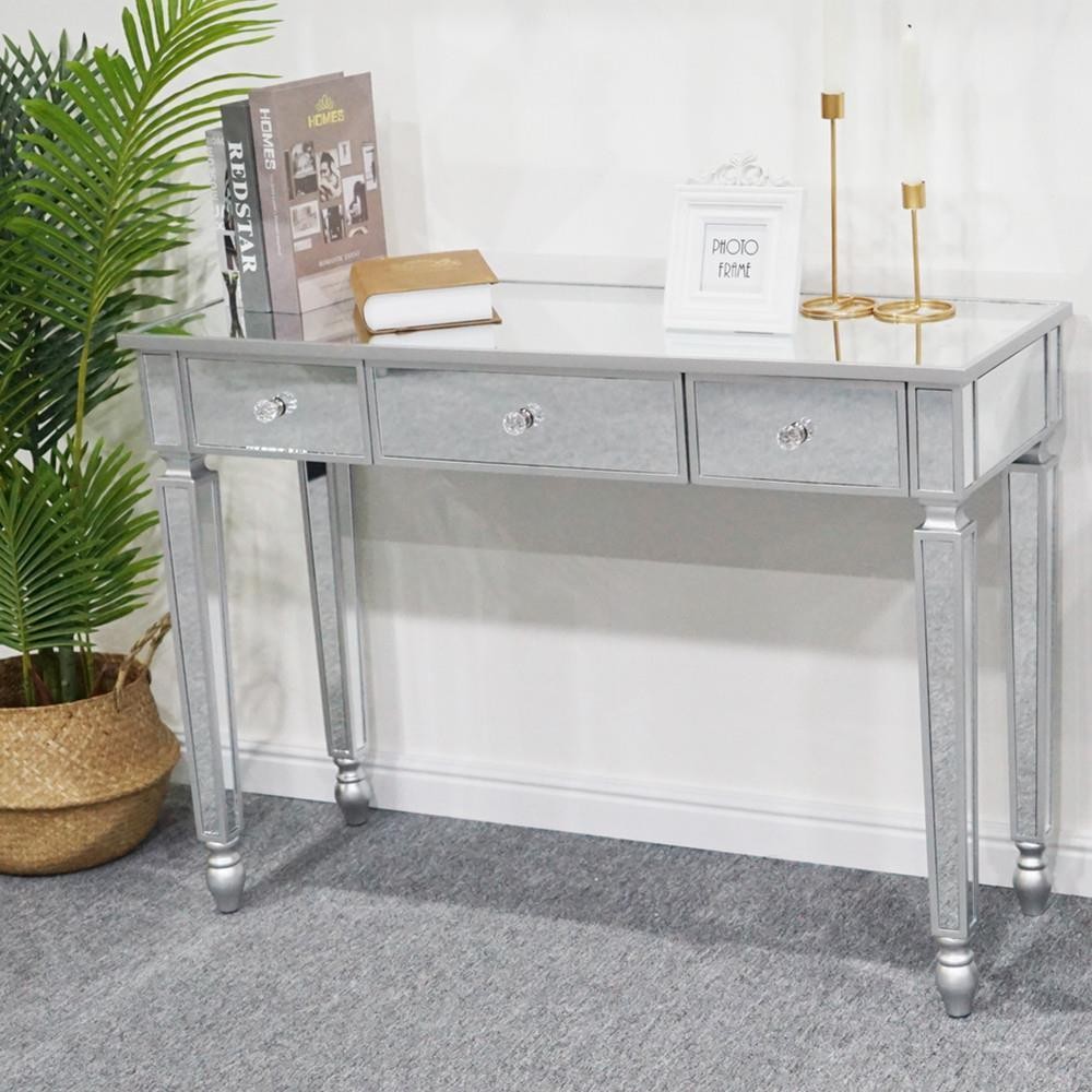 Mirrored 3 Drawer Console Table Glass Finish Silver Home Vanity Dresser Desk