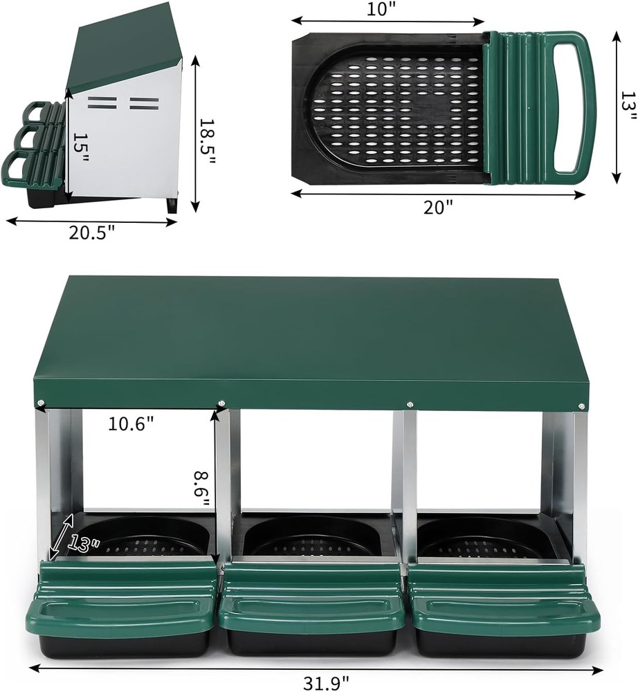 Chicken Nesting Box 3-Compartment Roll-Out w/ Plastic Baskets, Egg Nesting Boxes