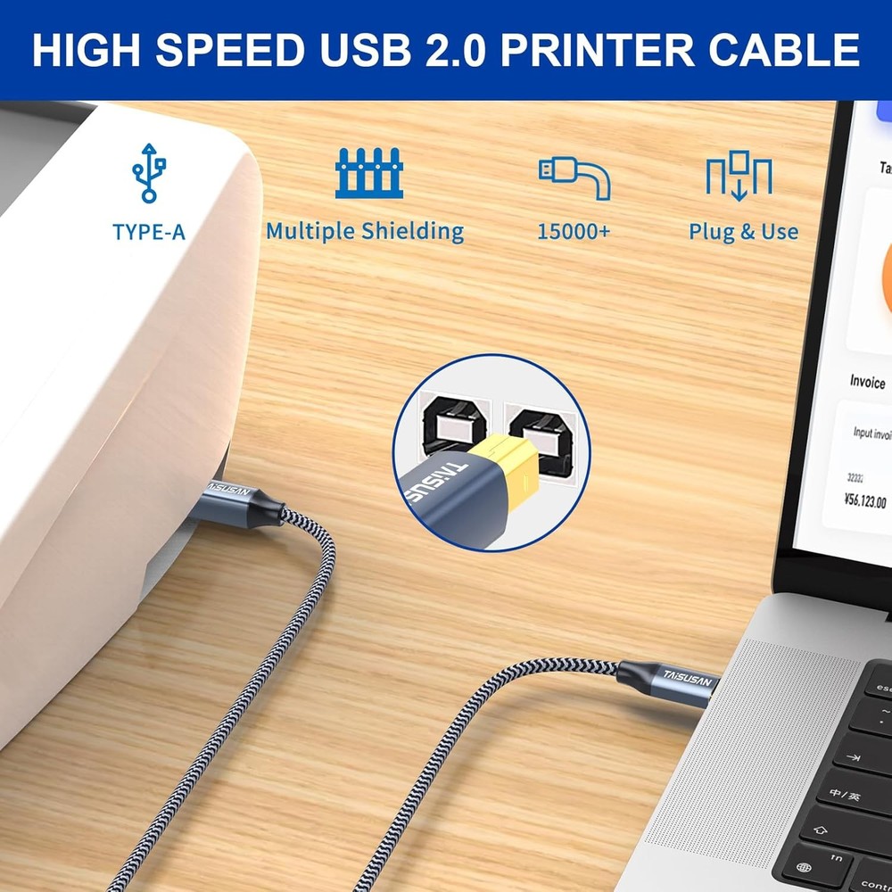 USB C to B Printer Cable 6ft, MIDI Compatible for Keyboard, MacBook Grey