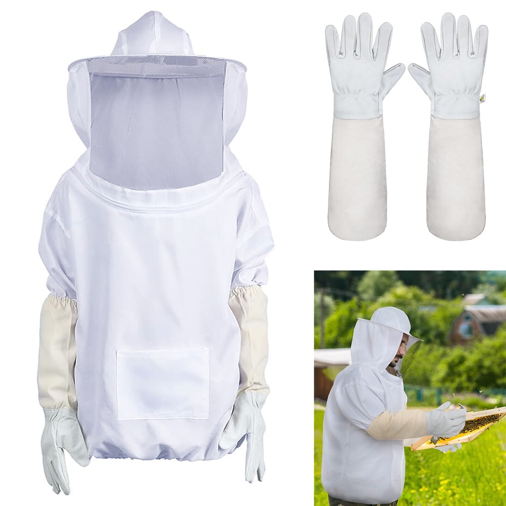Beekeeping Protective Jacket Veil Suit + Beekeeping Long Sleeve Gloves Set