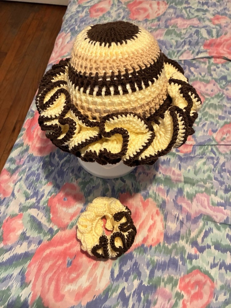 Handmade Crocheted Yellow Brown Ruffle Hat with Matching Scrunchie Set
