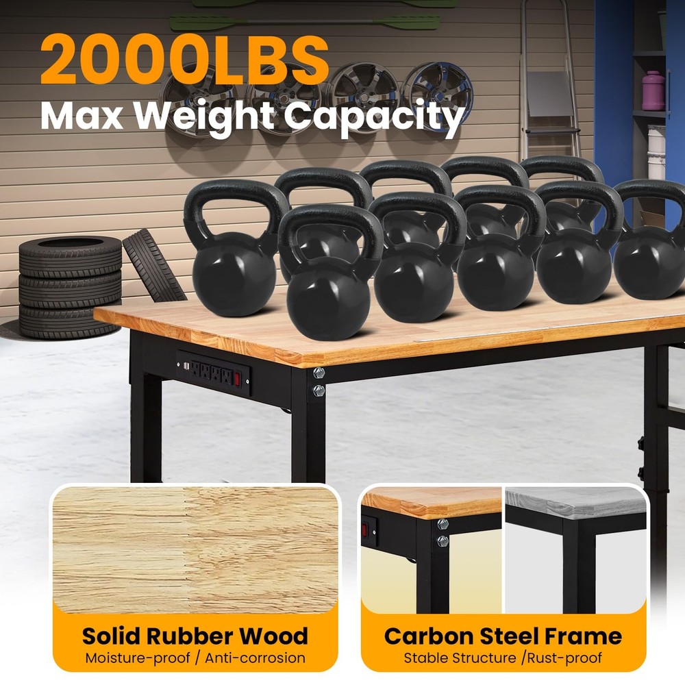 Adjustable Height Workbench 70" Wood Work Bench Table 2000 Lbs with Power Outlet
