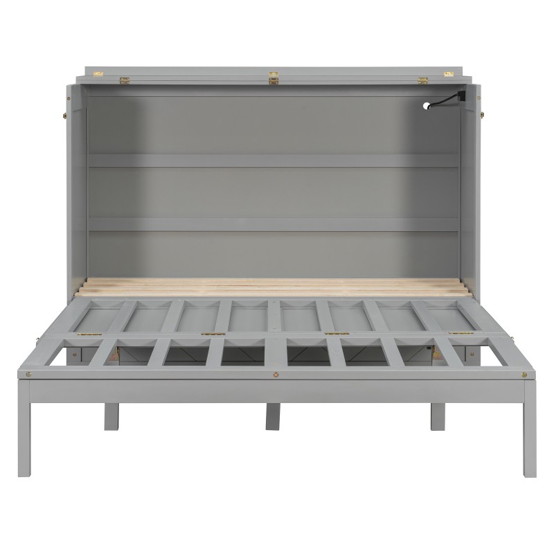 Queen Size Murphy Wall Bed Space-Saving Cabinet with Desk Gray MDF Storage