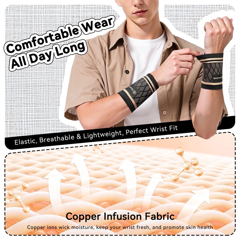 [360° Full Compression] Copper Wrist Compression Sleeve 1 Pair, Medium, Black