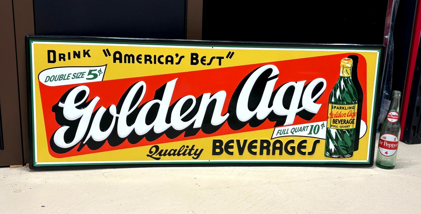 "GOLDEN AGE BEVERAGE" LARGE EMBOSSED METAL ADVERTISING SIGN (41"x 15") NICE