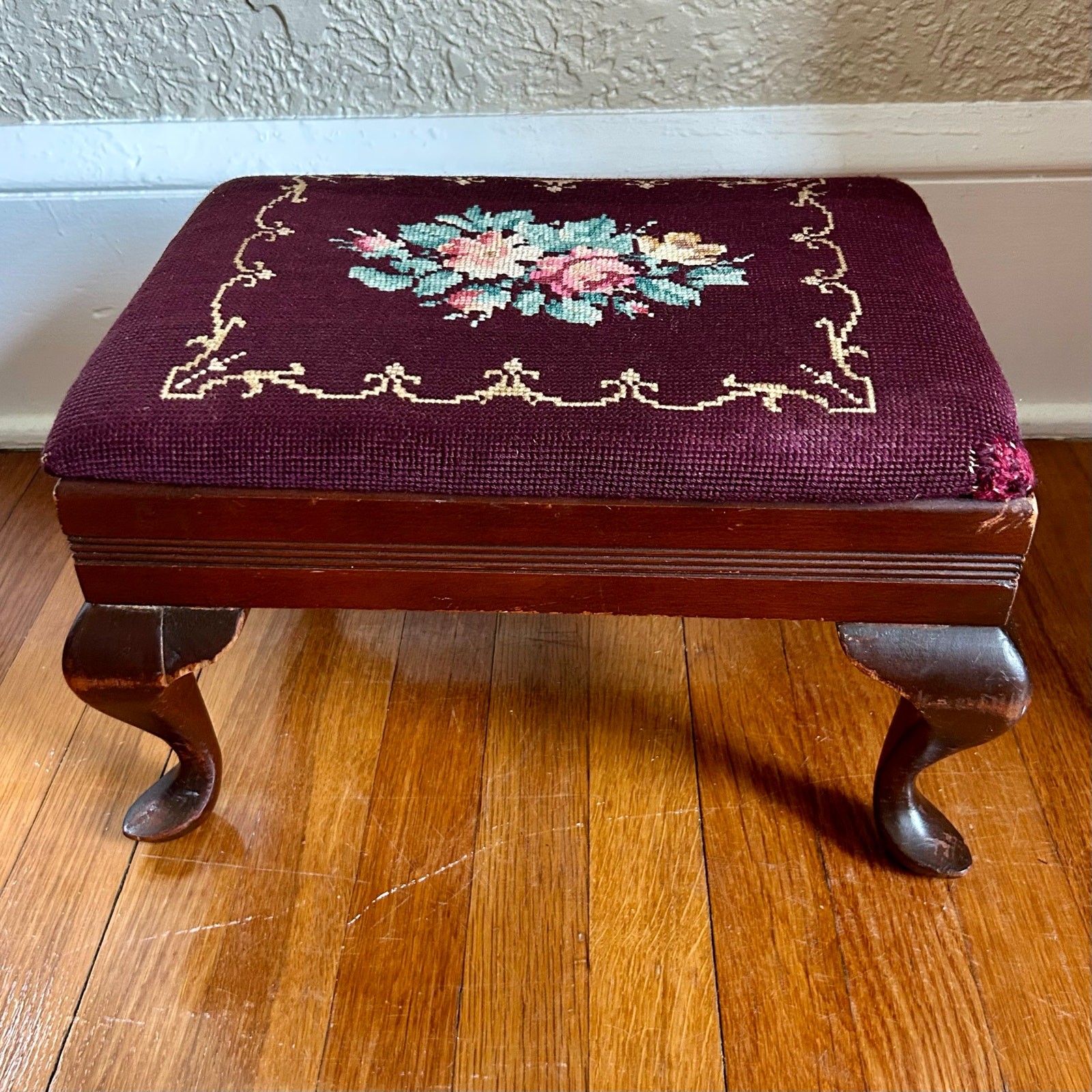 Antique Needlepoint Footstool with Queen Anne Style Legs