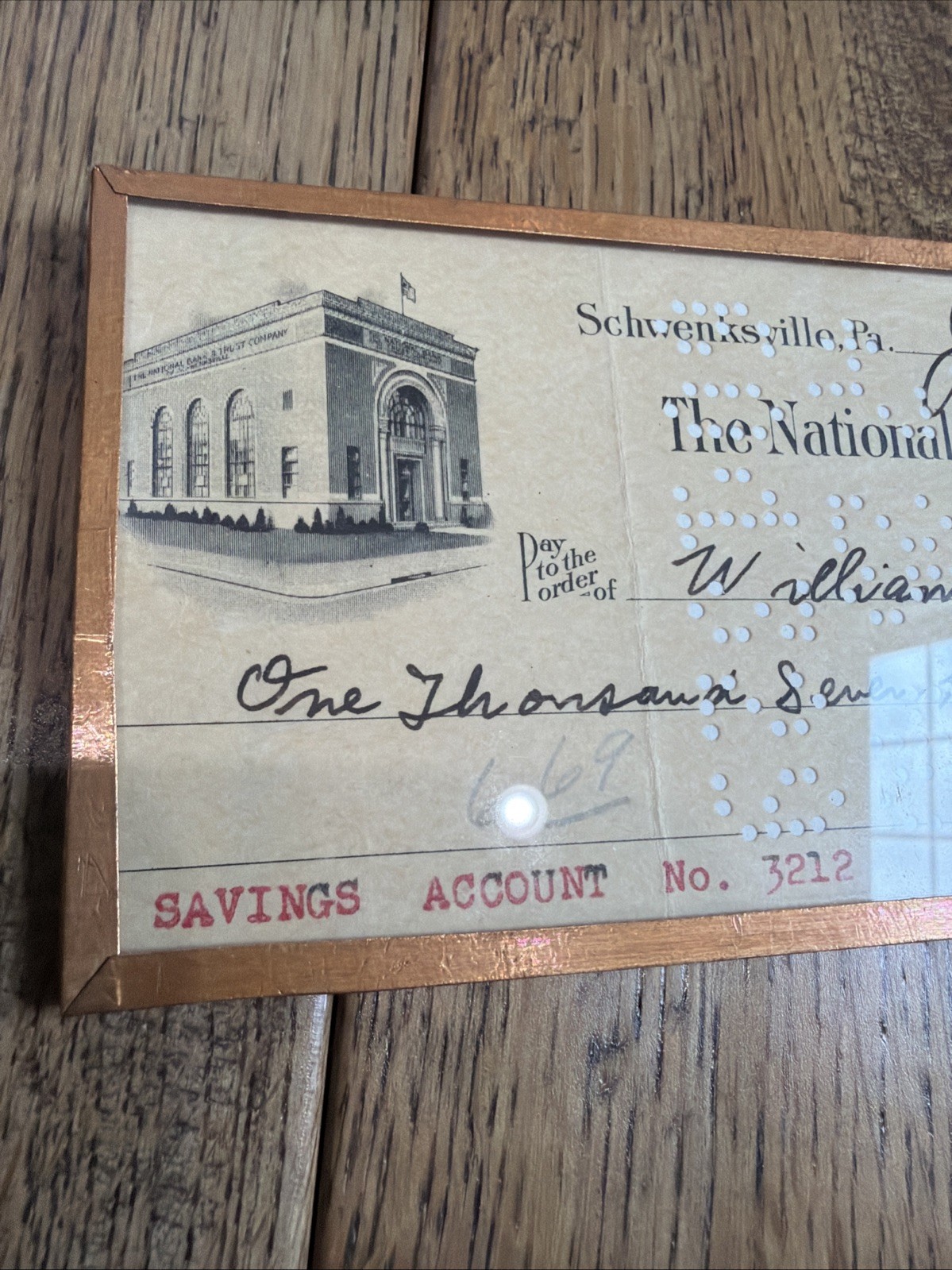 Vintage Framed 1940 National Bank & Trust Schwenksville Personal Check