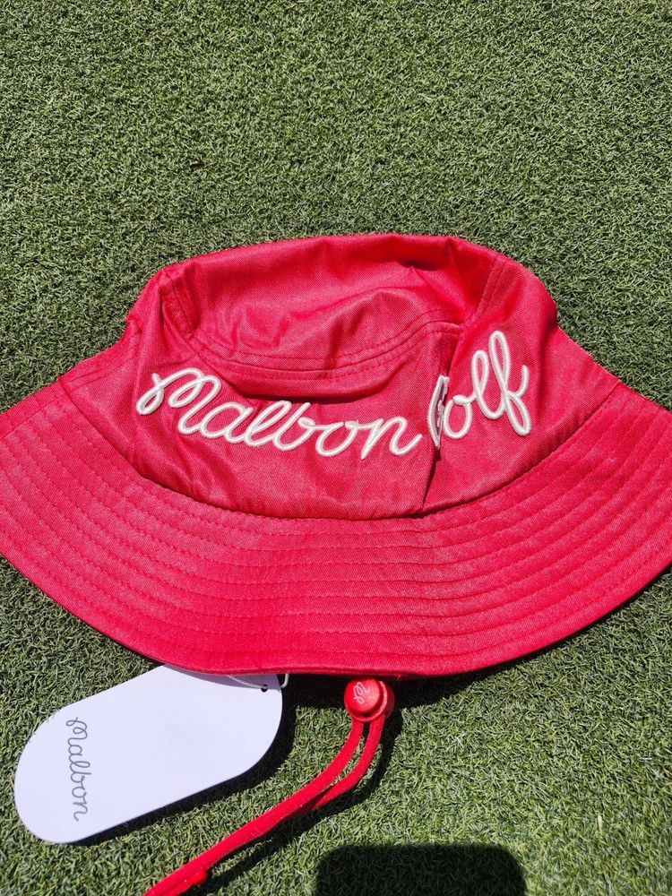 Malbon Golf Bucket Hat Red | Embroidered Script Logo | Adjustable Strap | New