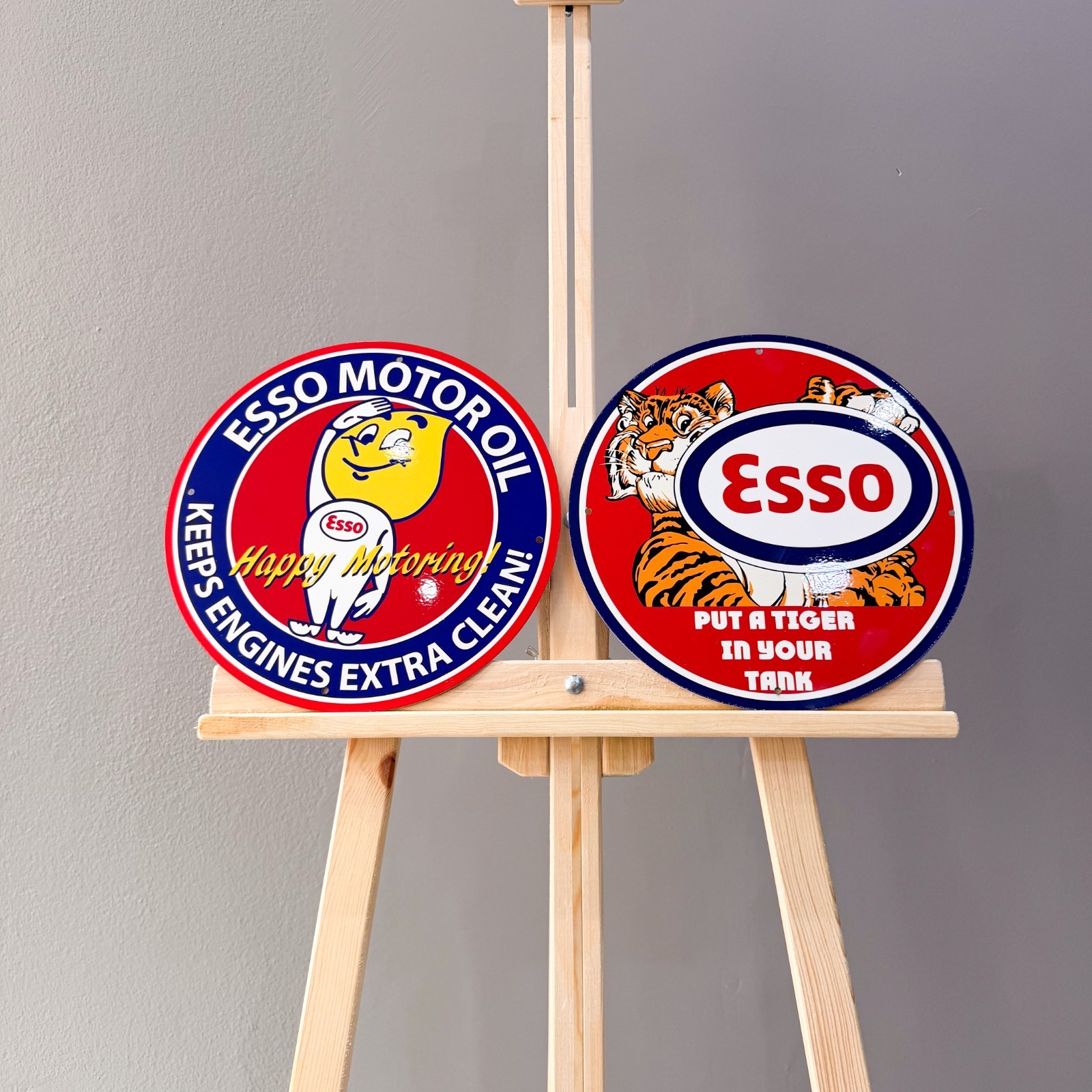 Esso Vintage Metal Sign Set of 2 Tiger & Man Happy Motoring – 30 cm / 11.8”