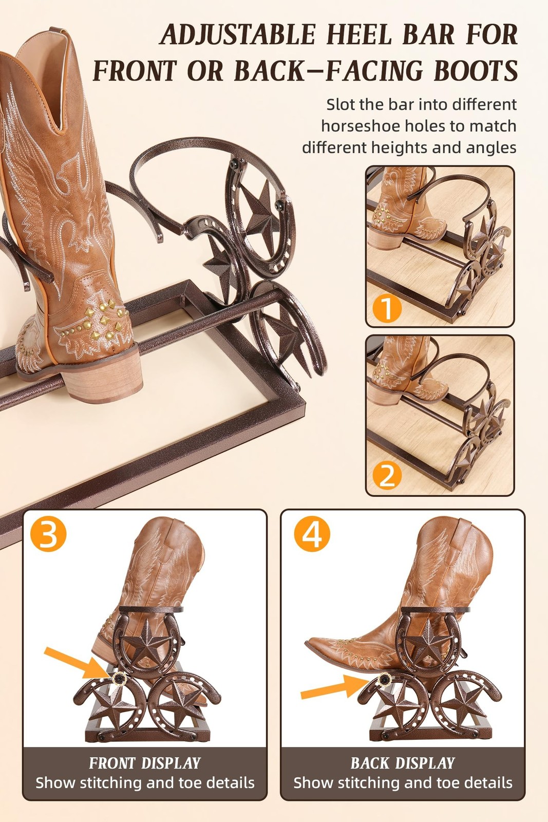 Western Horseshoe Boot Rack, 3 Pairs Freestanding Metal Boot Stand, Adjustabl...