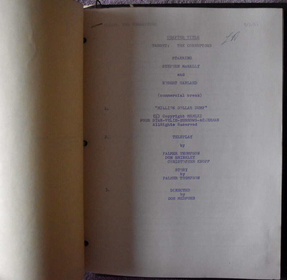 1961-2 " Target: The Corruptors " Original Screenplay Scripts.