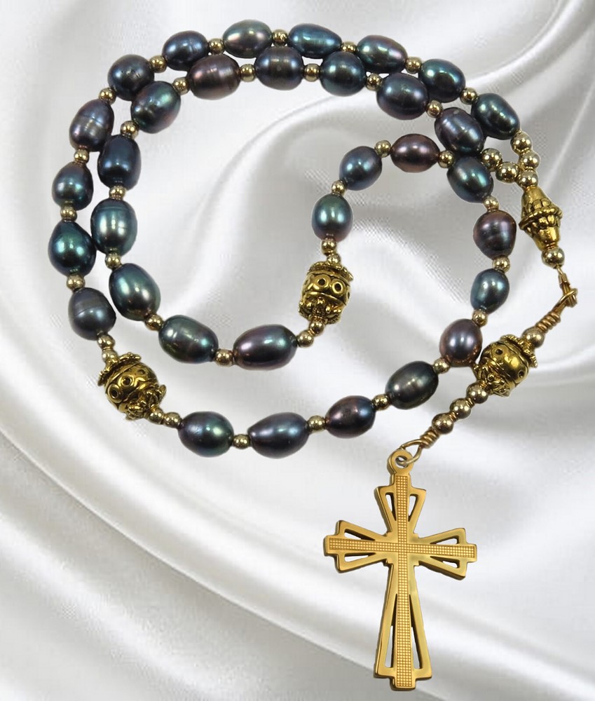 Handmade Rosary, Eastern Orthodox, Purple Freshwater Pearls, Laser Cut Cross