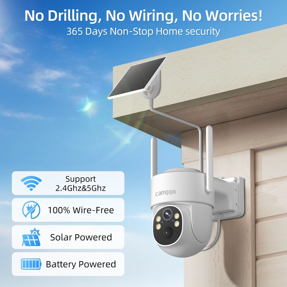 Camoon Home Security Camera System Solar Panel 360°PTZ Wireless 2K Outdoor Audio