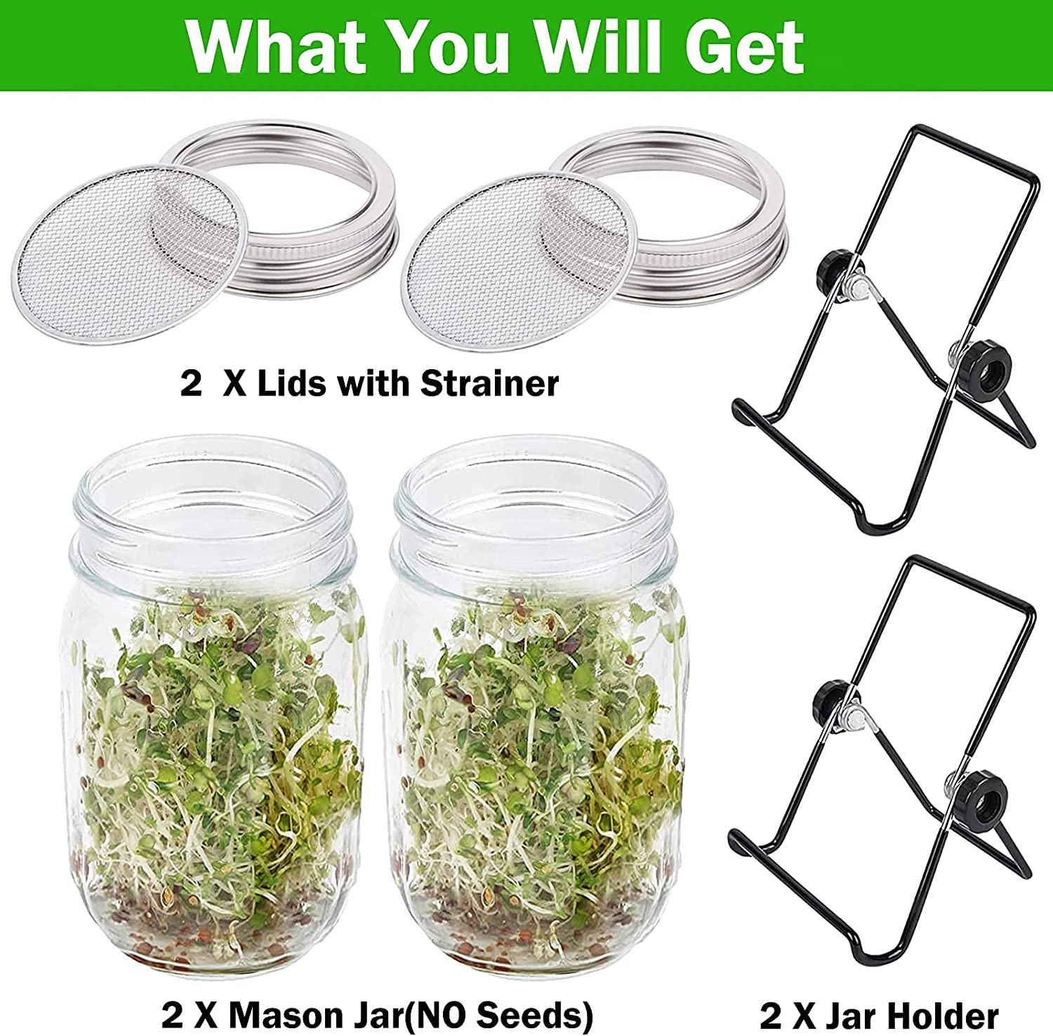 Seed Sprouting Jar，Broccoli Sprouts Growing Kit with Screen Lids Wide Mouth Maso