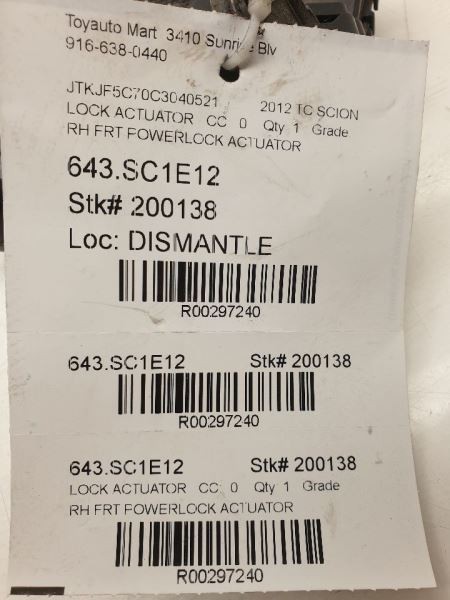 2012 SCION TC PASSENGER SIDE FRONT DOOR LOCK ACTUATOR ASSEMBLY