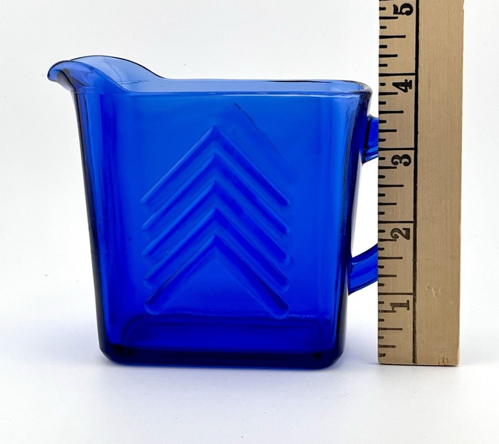 Vintage Cobalt Blue Glass Rectangular Cup with Handle Chevron Design MINT