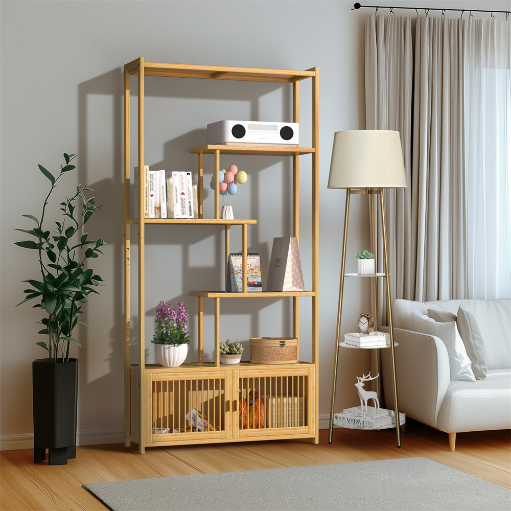 Bamboo 6-tier Storage Rack Blind Door Cabinet Staggered Shelf Etagere Bookcase