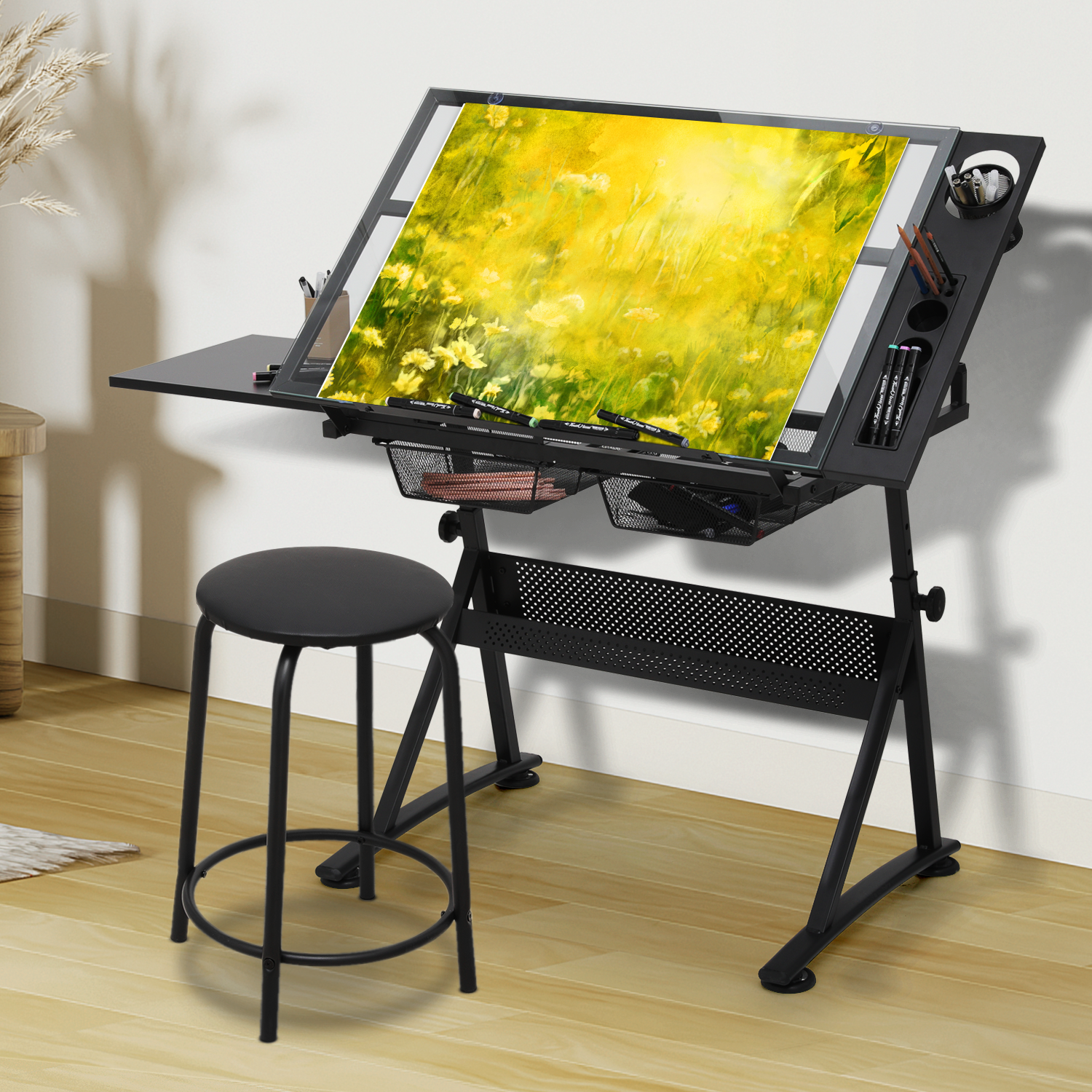 53" Drafting Table Adjustable Tempered Glass Craft Drawing Work Station w/Stool