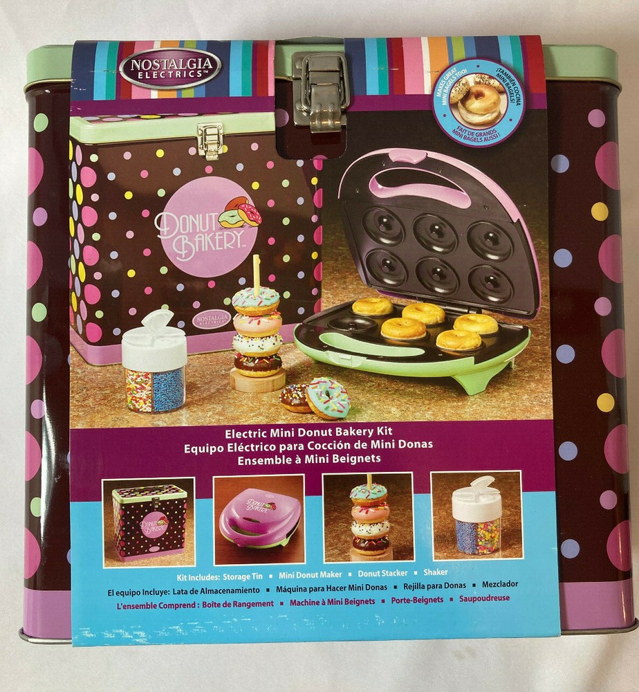 NOSTALGIA ELECTRICS DONUT BAKERY KIT MAKER NEW SEALED STORAGE TIN