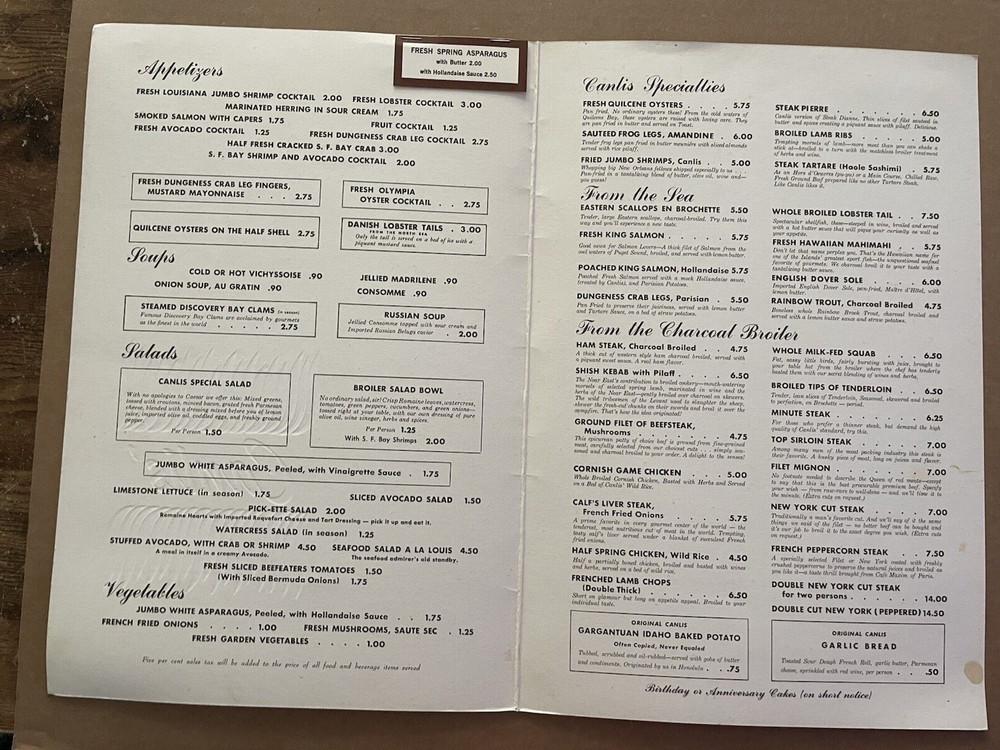 Vintage CANLIS Restaurant Menu San Francisco Honolulu