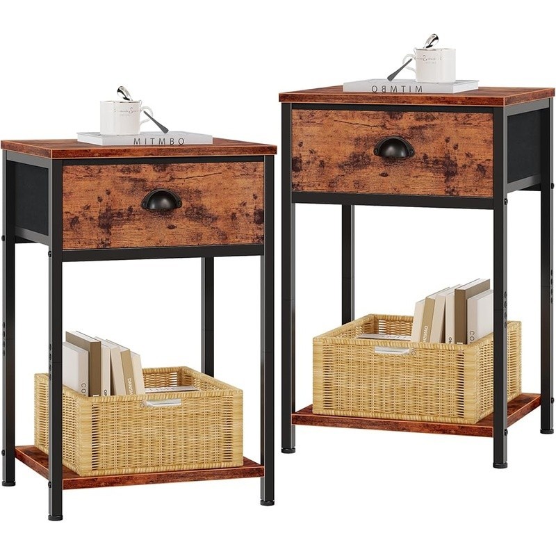 Sturdy Nightstand W/ Fabric Drawer Open Shelves Multi-function Side Table Brown