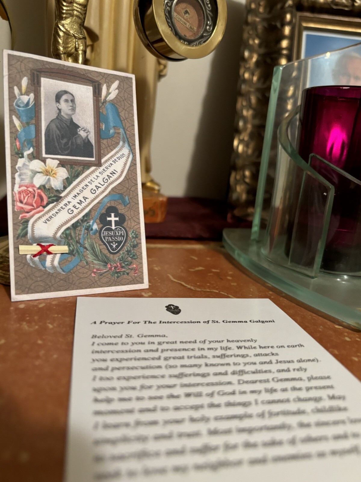 St. Gemma Galgani large holy relic card with prayer, used