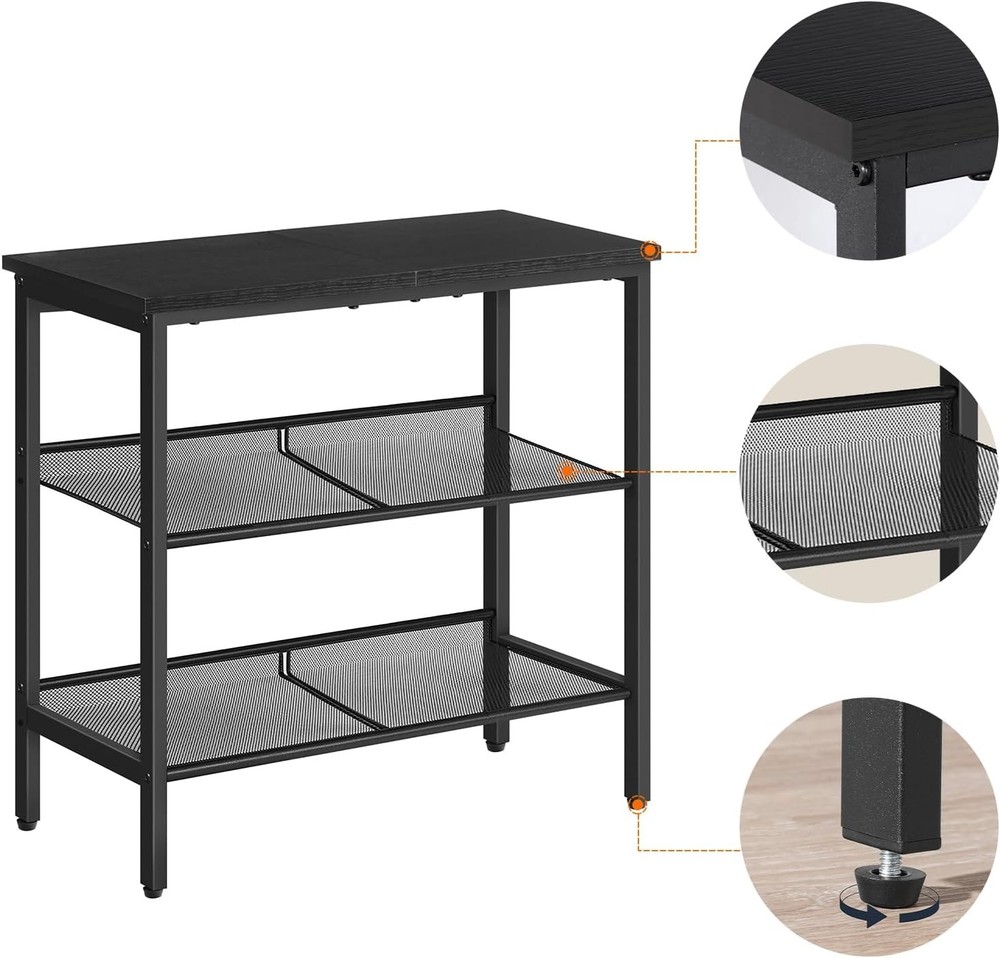 Black Side Table 3-Tier Metal Side Table Small Black Table W/ 2 Flat/Slant