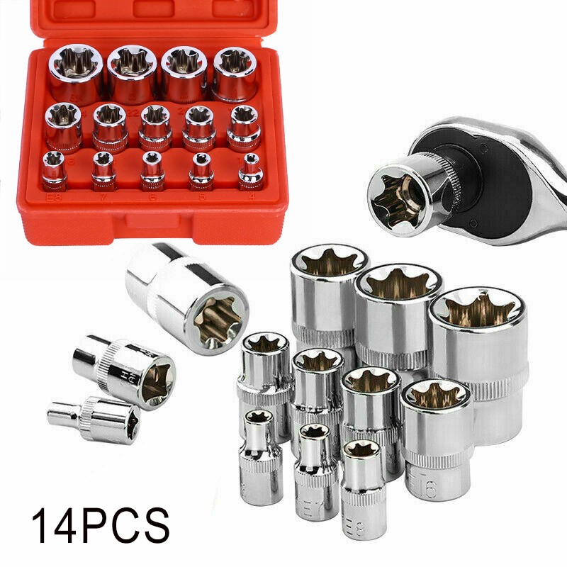 14Pcs E Torx Star Female Bit Socket Set 1/2" 3/8" 1/4" Drive E4-E24 Storage Case