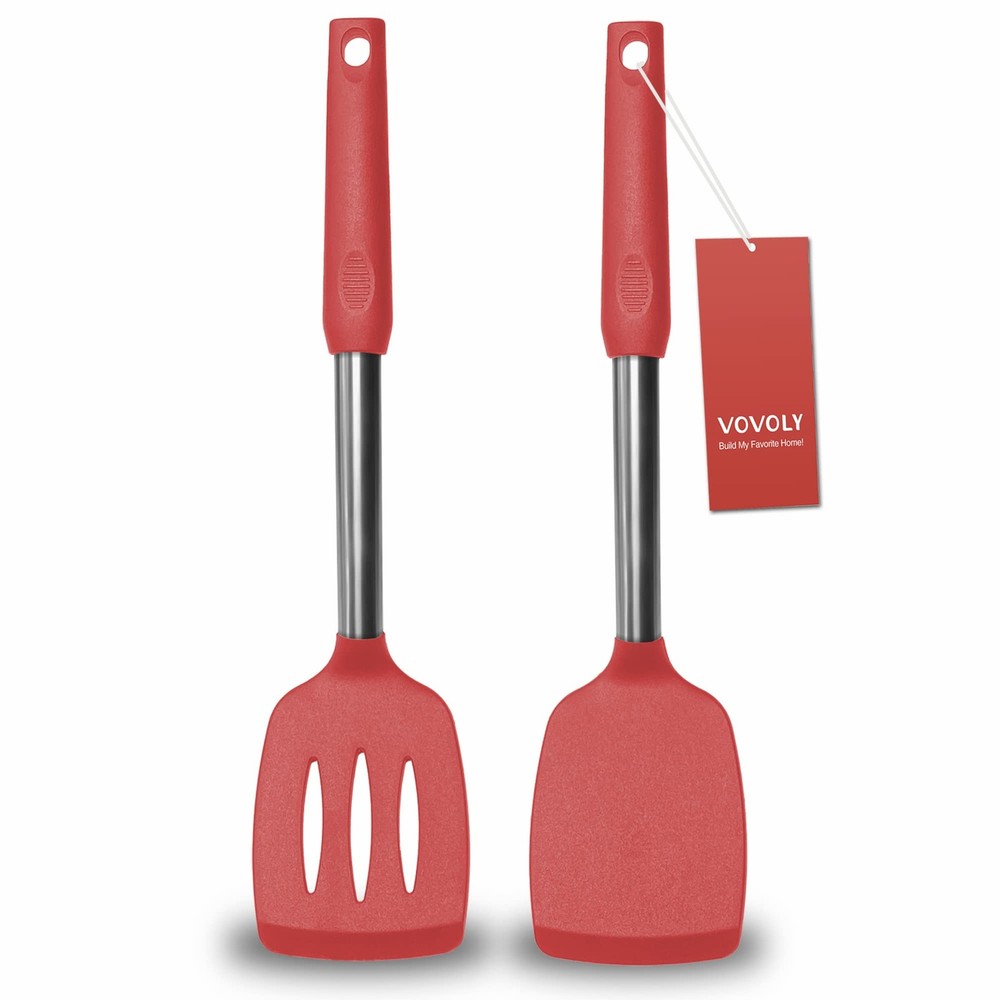 2 Pack Spatulas, Solid & Slotted Silicone Spatula Set, Stainless Steel Handle...