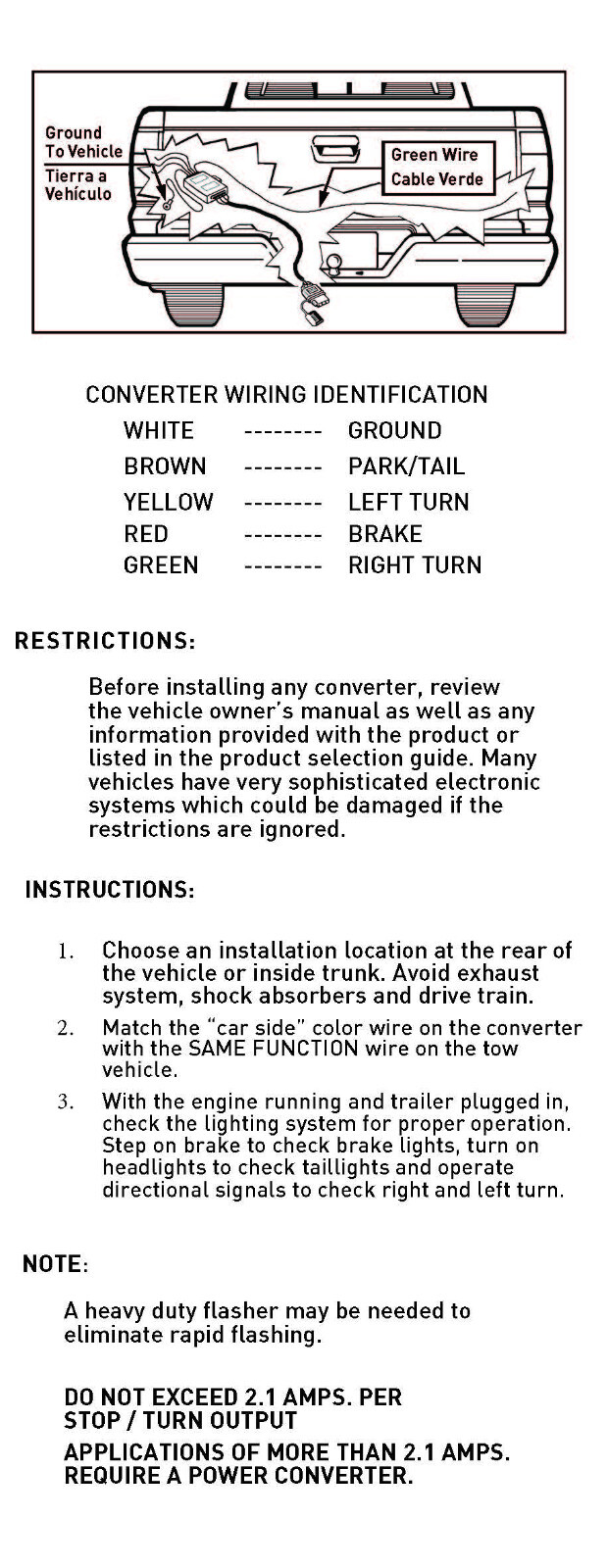 Non-powered 3 to 2 Wire Tail Light Converter with 4 Way Flat Trailer Connector