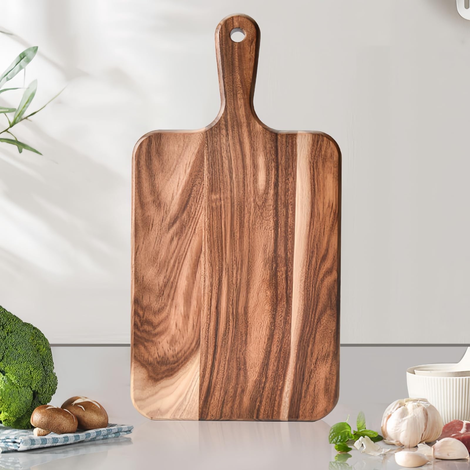 Acacia Wood Cutting Board with Handle - 14 x 7in, Wooden Chopping Board for M...