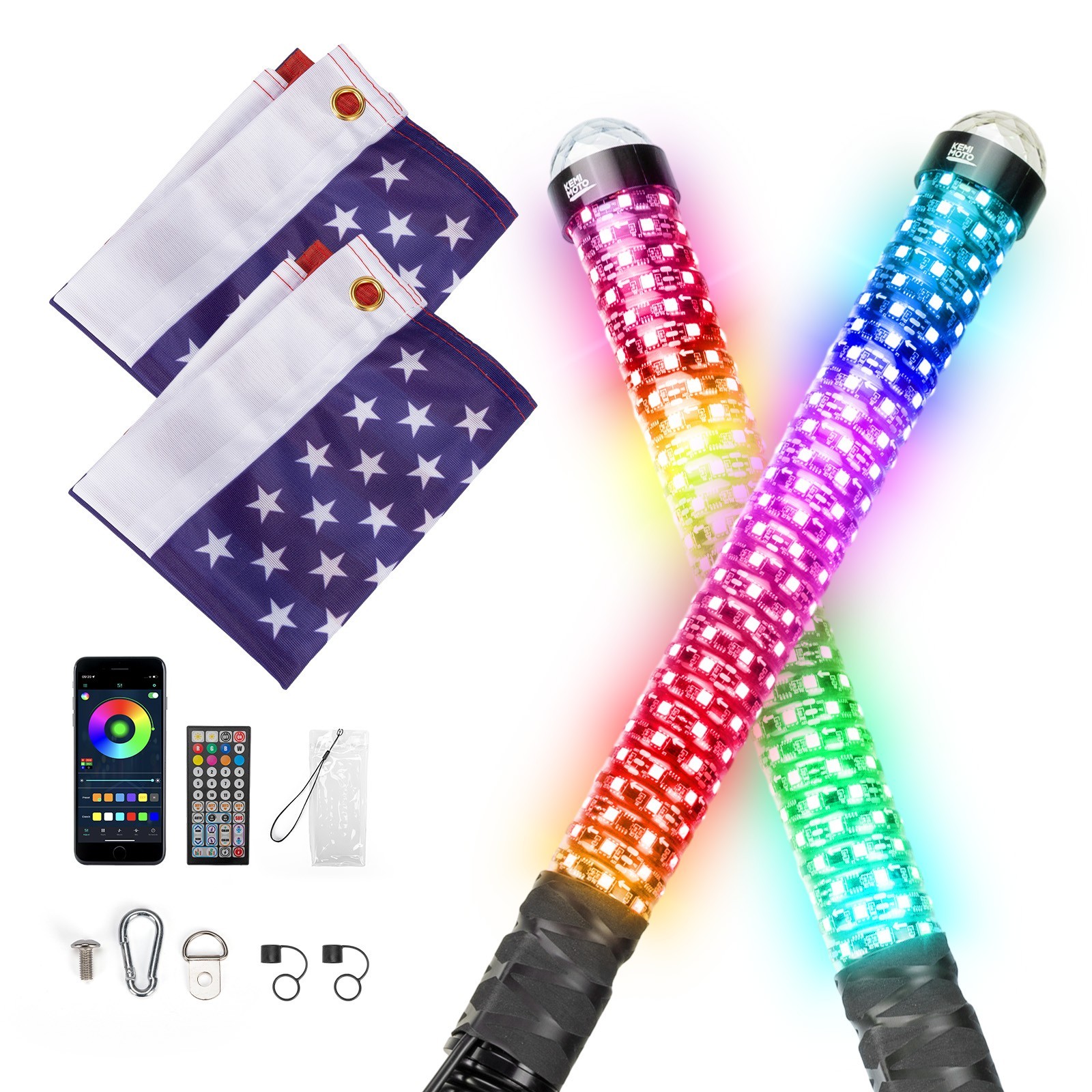 2PCS 2FT Fat Whip Lights LED Spiral Chasing Lighted w/ Warning Light for X3 RZR