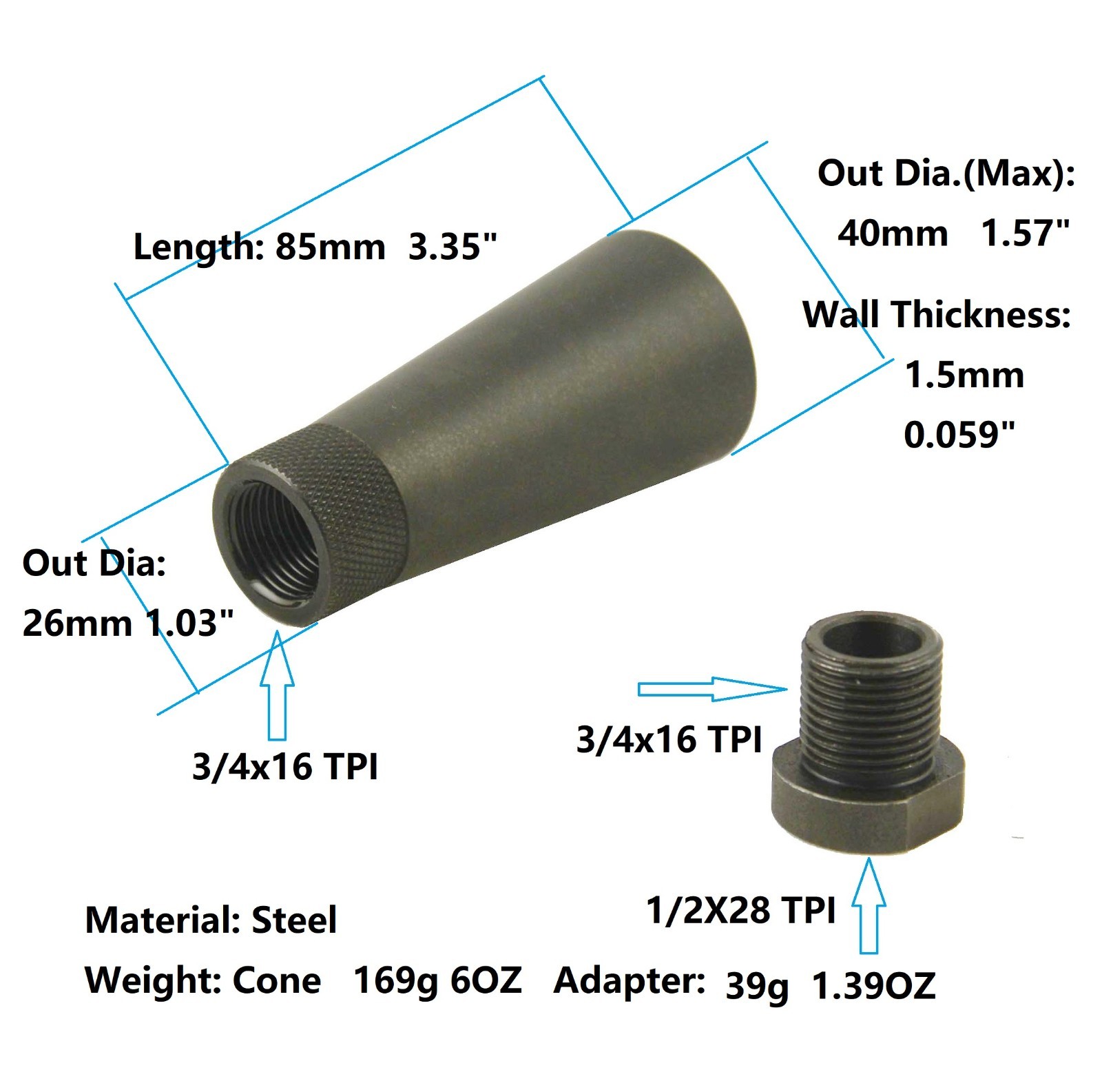 1/2X28 TPI Horn Shapped Sound Forwarder Muzzle Brake F 22 223 5.7x28 .17HMR 9MM
