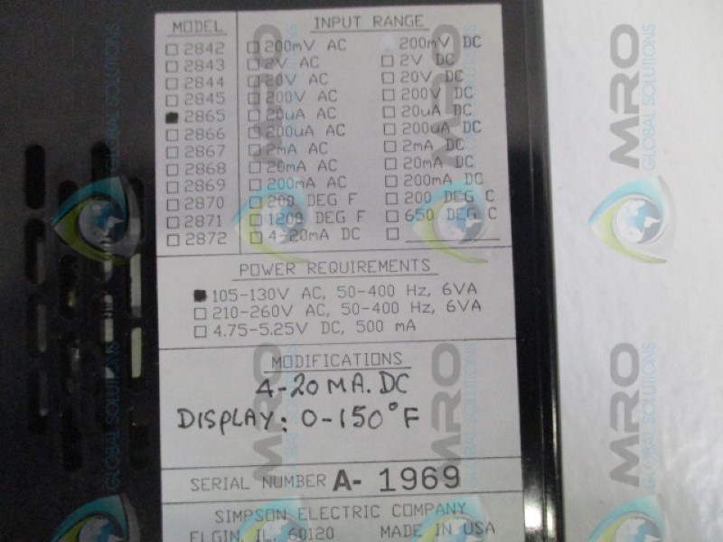SIMPSON 2865 DIGITAL PANEL METER 4-20MADC 0/150F NSNP&