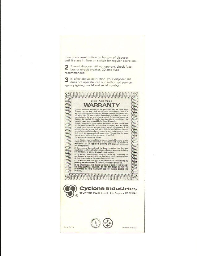 Typhoon Garbage Disposer Installation Instructions Cyclone Industries Pamphlet