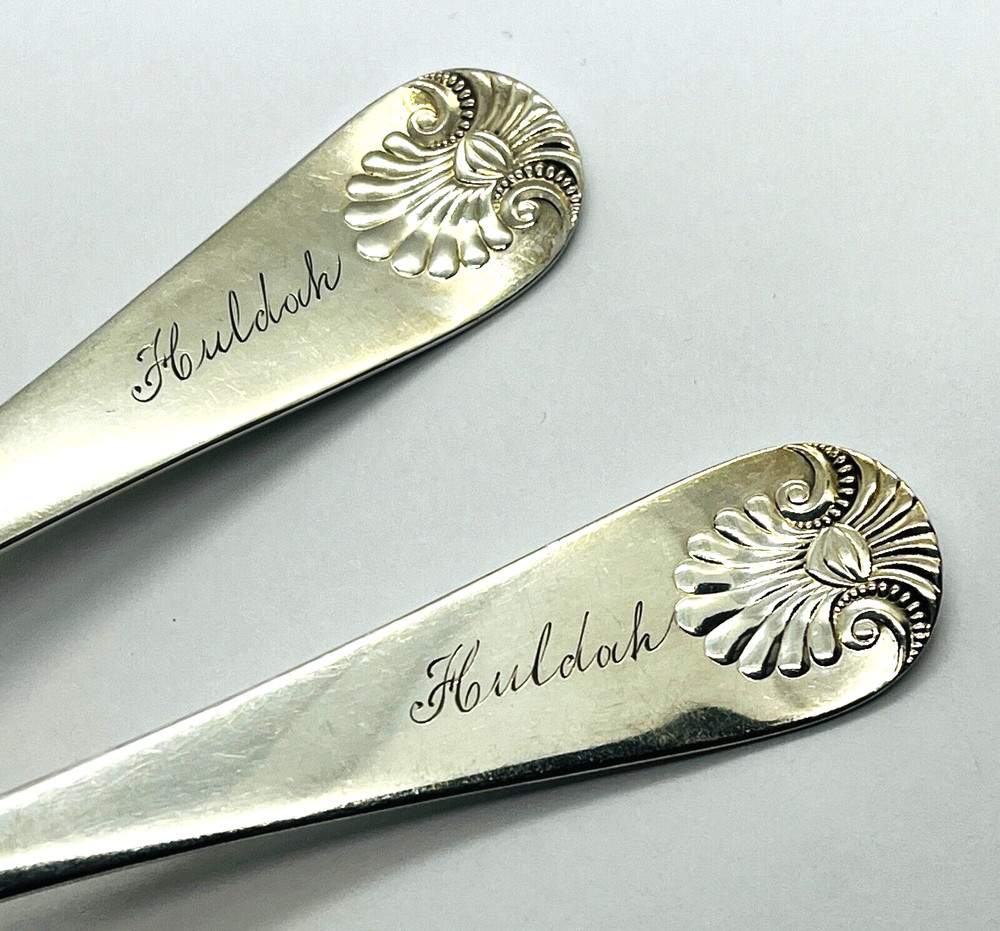 2 - Antique N Shafer Silverplate Serving Spoons Shell Pattern Engraved "Huldah"