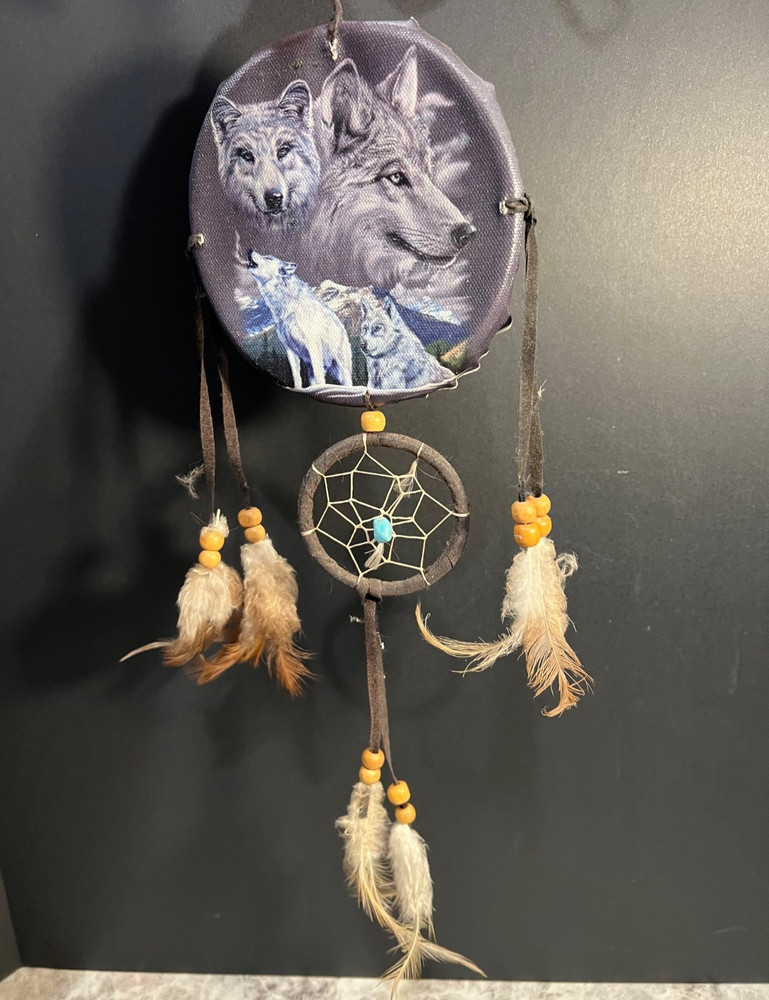 Wolf Theme Webbed Dream Catcher - Small Size - Preowned Native American
