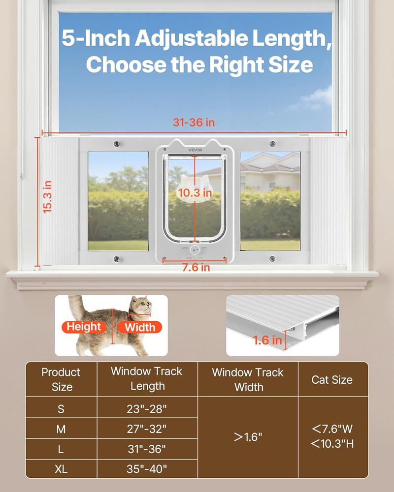 Cat Door for Window, Adjustable to Fit Window Width 31"-36", 4 Secure Lock Modes