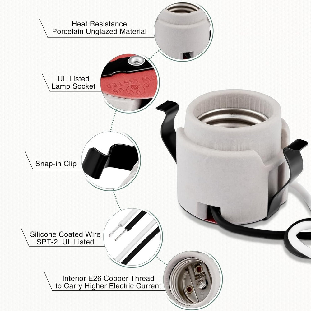 E26 Light Socket, Snap-In Bulb Socket, E26 Standard Medium Screw Lamp Holder, Em