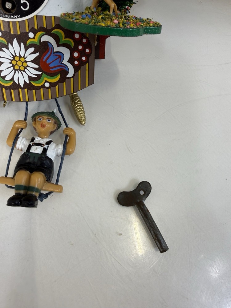 Vintage German Mini Cuckoo Clock w/ Bouncing Boy On Swing