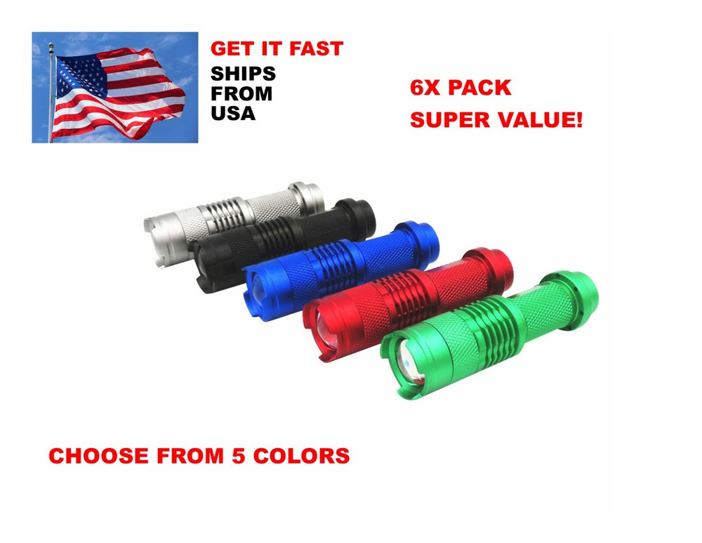 6Pack Mini CREE Mini Tactical Flashlight Focus Adjustable - Choose Color